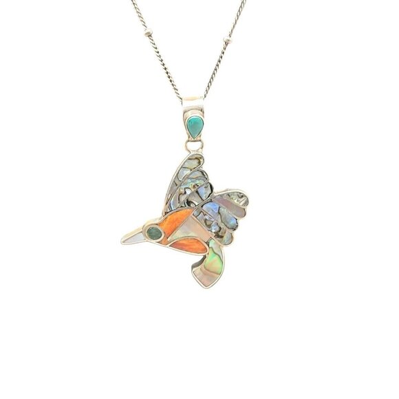 950 Fine Silver Channel Inlay Hummingbird Pendant Necklace 18" 925 Chain… - Picture 12 of 14